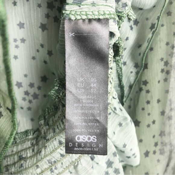 ASOS | Star Print Sheer Green Blouse Tie Front Ruffle Bottom Women’s Size 8 - Picture 9 of 10